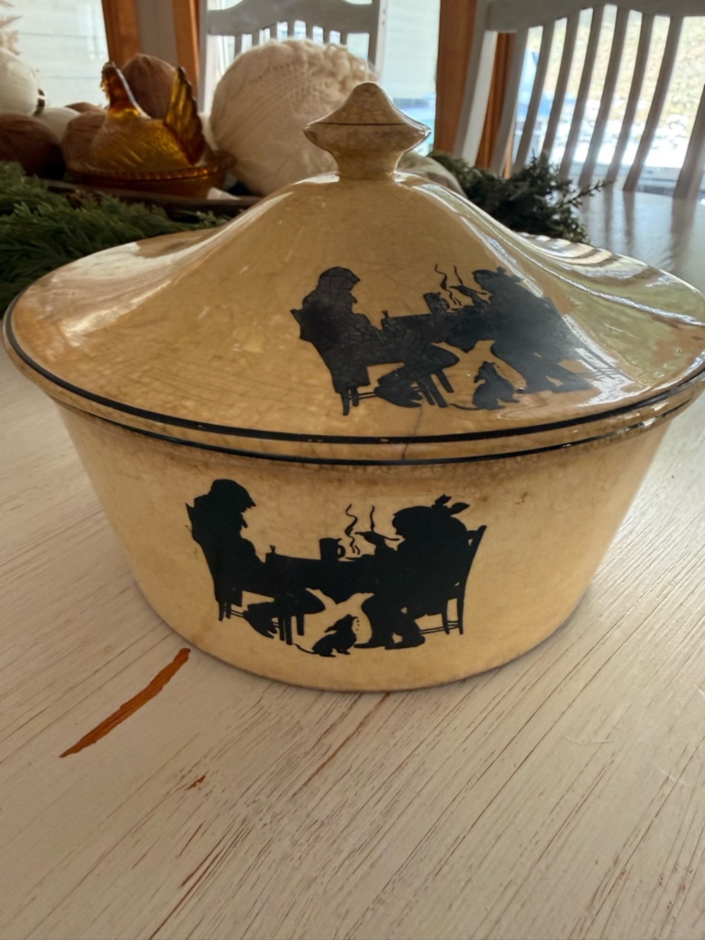 Vintage Crooksville Covered Casserole with Grandma/Grandpa Pattern